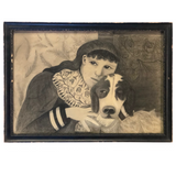Fantastic Late 19th Century Large Charcoal Drawing of Girl and Dog