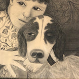 Fantastic Late 19th Century Large Charcoal Drawing of Girl and Dog