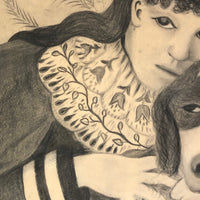 Fantastic Late 19th Century Large Charcoal Drawing of Girl and Dog