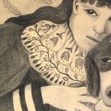 Fantastic Late 19th Century Large Charcoal Drawing of Girl and Dog