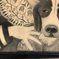 Fantastic Late 19th Century Large Charcoal Drawing of Girl and Dog