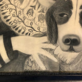 Fantastic Late 19th Century Large Charcoal Drawing of Girl and Dog