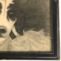 Fantastic Late 19th Century Large Charcoal Drawing of Girl and Dog