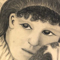 Fantastic Late 19th Century Large Charcoal Drawing of Girl and Dog