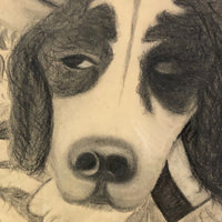 Fantastic Late 19th Century Large Charcoal Drawing of Girl and Dog
