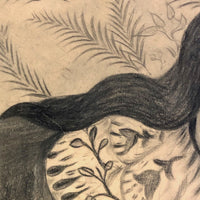 Fantastic Late 19th Century Large Charcoal Drawing of Girl and Dog