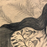 Fantastic Late 19th Century Large Charcoal Drawing of Girl and Dog