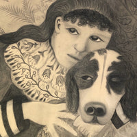 Fantastic Late 19th Century Large Charcoal Drawing of Girl and Dog