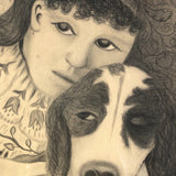 Fantastic Late 19th Century Large Charcoal Drawing of Girl and Dog