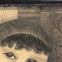 Fantastic Late 19th Century Large Charcoal Drawing of Girl and Dog