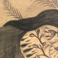 Fantastic Late 19th Century Large Charcoal Drawing of Girl and Dog