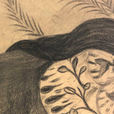 Fantastic Late 19th Century Large Charcoal Drawing of Girl and Dog