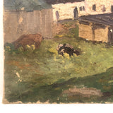 Old Oil on Canvas over Board Painterly Farm Painting with Cows