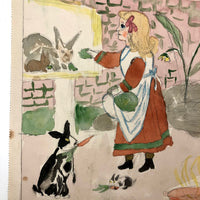 Girl in Orange Dress Feeding Rabbits, Naive Watercolor