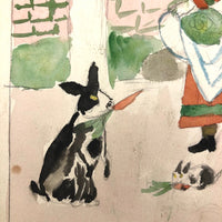 Girl in Orange Dress Feeding Rabbits, Naive Watercolor