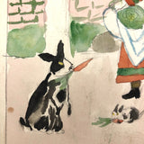 Girl in Orange Dress Feeding Rabbits, Naive Watercolor