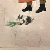 Girl in Orange Dress Feeding Rabbits, Naive Watercolor