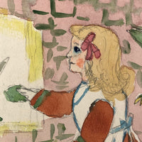 Girl in Orange Dress Feeding Rabbits, Naive Watercolor