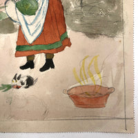 Girl in Orange Dress Feeding Rabbits, Naive Watercolor