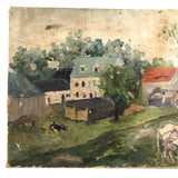 Old Oil on Canvas over Board Painterly Farm Painting with Cows