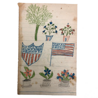 Patriotic Antique Crayon Drawing with American Flag,  Shield and Potted Plants