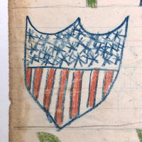 Patriotic Antique Crayon Drawing with American Flag,  Shield and Potted Plants
