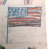 Patriotic Antique Crayon Drawing with American Flag,  Shield and Potted Plants