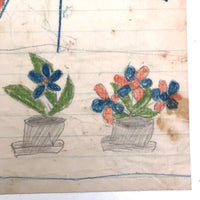 Patriotic Antique Crayon Drawing with American Flag,  Shield and Potted Plants