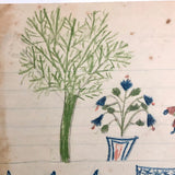 Patriotic Antique Crayon Drawing with American Flag,  Shield and Potted Plants