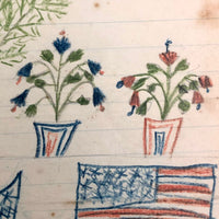 Patriotic Antique Crayon Drawing with American Flag,  Shield and Potted Plants