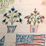 Patriotic Antique Crayon Drawing with American Flag,  Shield and Potted Plants