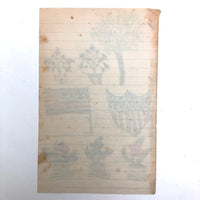 Patriotic Antique Crayon Drawing with American Flag,  Shield and Potted Plants