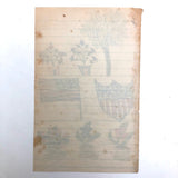 Patriotic Antique Crayon Drawing with American Flag,  Shield and Potted Plants
