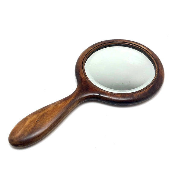 Lovely Antique Wood Framed Bevelled Glass Round Hand Mirror