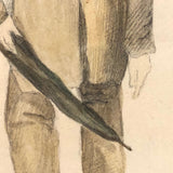 Intrepid Looking Man (Robert Southey) with Umbrella, Antique Watercolor Drawing