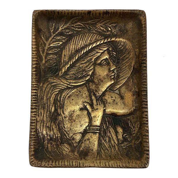 Brass Art Nouveau Ashtray with Woman in Large Hat