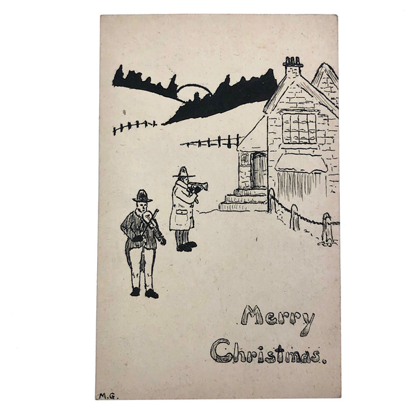 Merry Christmas Antique Hand-Drawn Postcard with Musicians