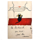 Black Cat on Roof with Headphones Antique Hand-colored French Postcard