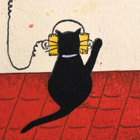Black Cat on Roof with Headphones Antique Hand-colored French Postcard
