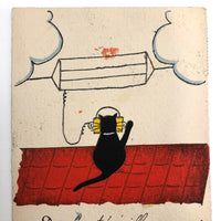 Black Cat on Roof with Headphones Antique Hand-colored French Postcard