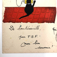 Black Cat on Roof with Headphones Antique Hand-colored French Postcard