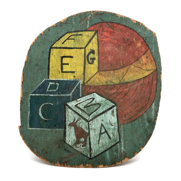Colorful Old Blocks and Ball Painting on Wood with Great Patina
