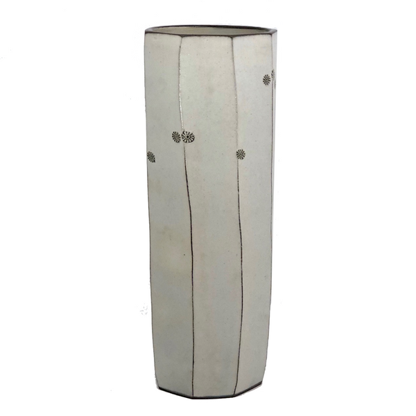 Elegant Tall White Architectural Vase with Tiny Gray Flowers