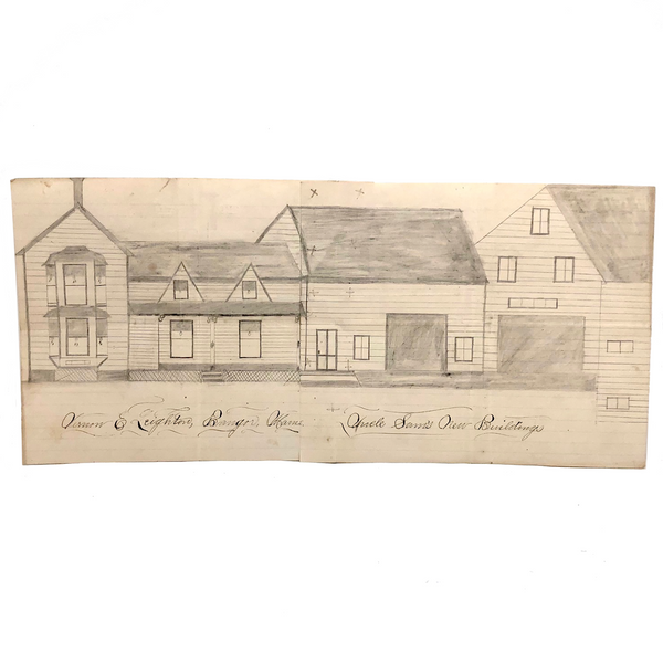 SOLD Uncle Sam's New Buildings, Bangor Maine, Hand-stitched Antique Pencil Drawing