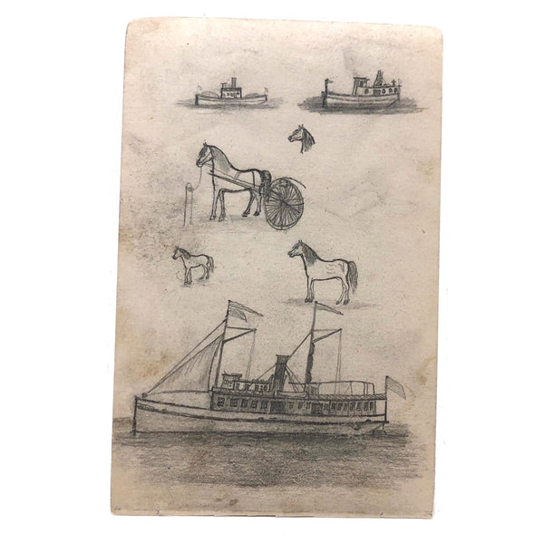Willis Hutchinson 1883 Double-Sided  Drawing: Horses and Boats