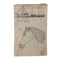 Willis Hutchinson 1883 Double-Sided Drawing: Bird with Banner, Horses, Saw and Hammer