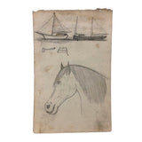 Willis Hutchinson 1883 Double-Sided Drawing: Bird with Banner, Horses, Saw and Hammer