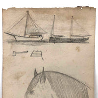 Willis Hutchinson 1883 Double-Sided Drawing: Bird with Banner, Horses, Saw and Hammer
