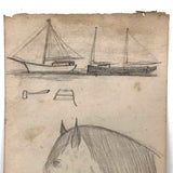 Willis Hutchinson 1883 Double-Sided Drawing: Bird with Banner, Horses, Saw and Hammer