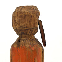 Haunting Old Carved (Bedpost?) Doll in Orange and Blue